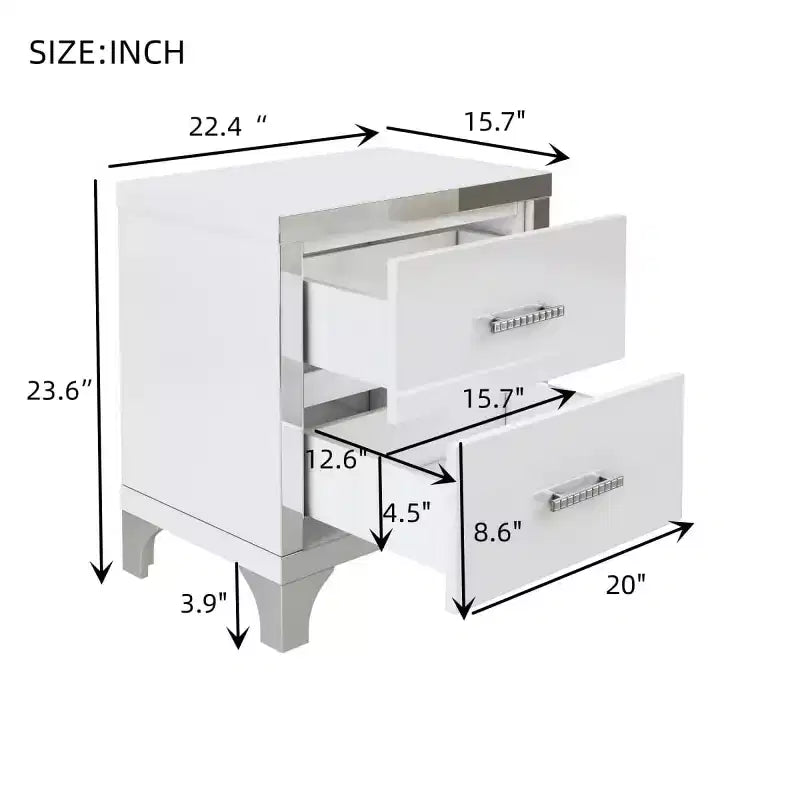 Modern High Gloss Nightstand with 2 Drawers, Elegant Bedside Table with Metal Legs and Handles - Panipeachy