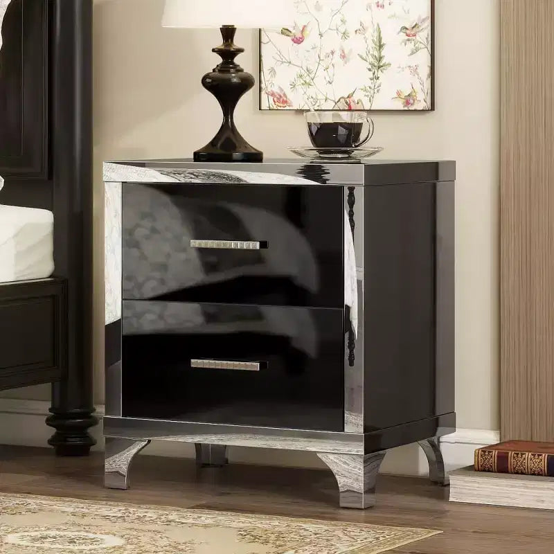 Modern High Gloss Nightstand with 2 Drawers, Elegant Bedside Table with Metal Legs and Handles - Panipeachy