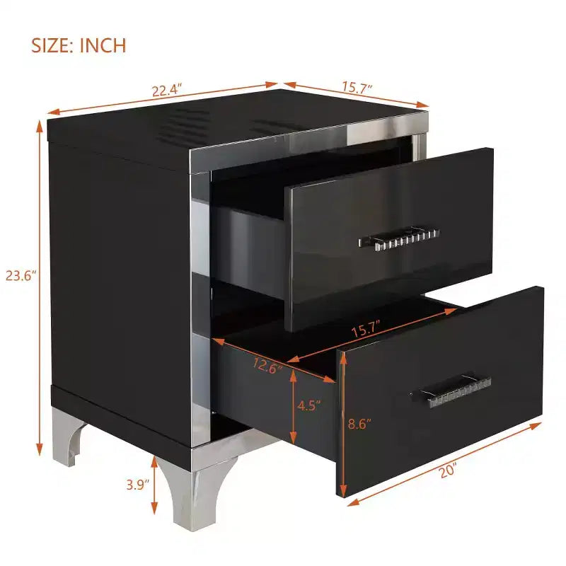 Modern High Gloss Nightstand with 2 Drawers, Elegant Bedside Table with Metal Legs and Handles - Panipeachy