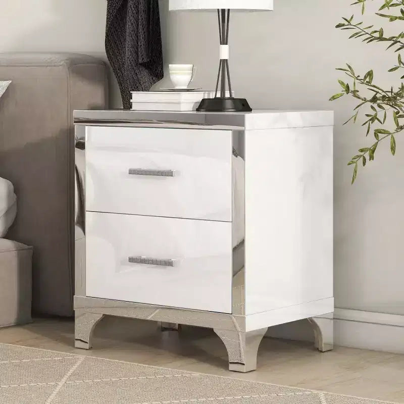 Modern High Gloss Nightstand with 2 Drawers, Elegant Bedside Table with Metal Legs and Handles - Panipeachy