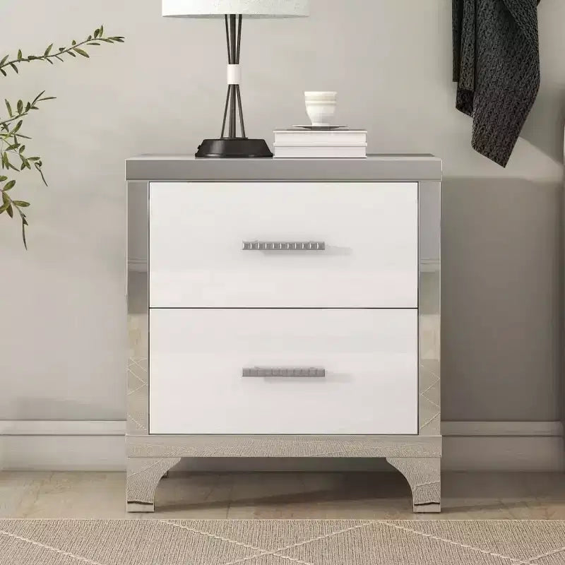Modern High Gloss Nightstand with 2 Drawers, Elegant Bedside Table with Metal Legs and Handles - Panipeachy