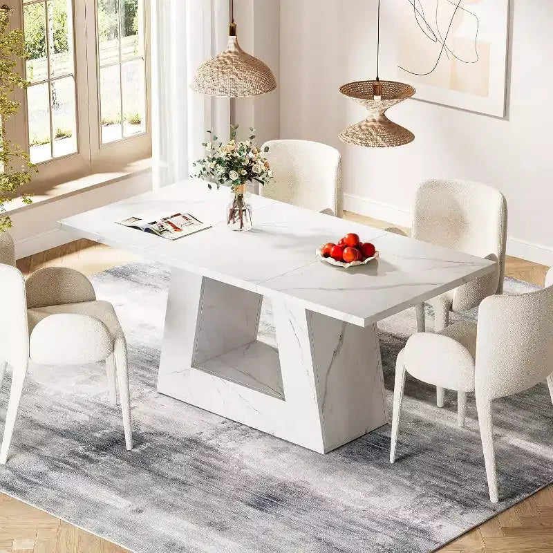 Lantine Dining Table for 4 to 6 People, 63 Rectangular Modern Wooden Faux Marble Dinner Table with Sturdy Base for Kitchen, Living Room