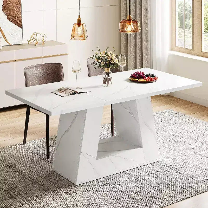 Lantine Dining Table for 4 to 6 People, 63 Rectangular Modern Wooden Faux Marble Dinner Table with Sturdy Base for Kitchen, Living Room