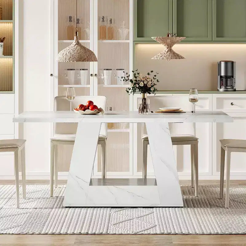 Lantine Dining Table for 4 to 6 People, 63 Rectangular Modern Wooden Faux Marble Dinner Table with Sturdy Base for Kitchen, Living Room