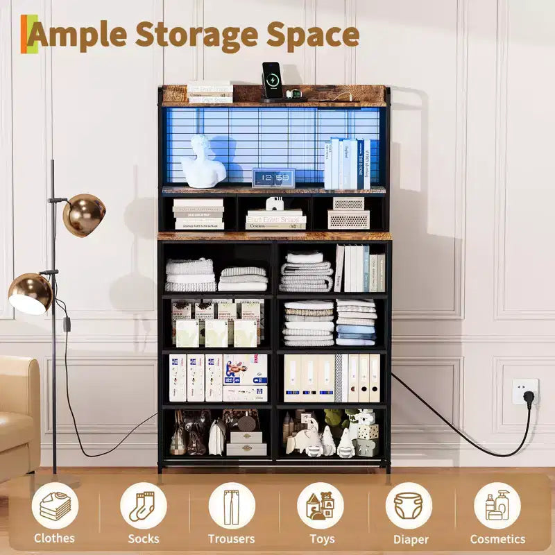 Dresser, Smart Dresser with 11 Fabric Drawers, Built-in Charging Station & App-Controlled RGB , White Industrial