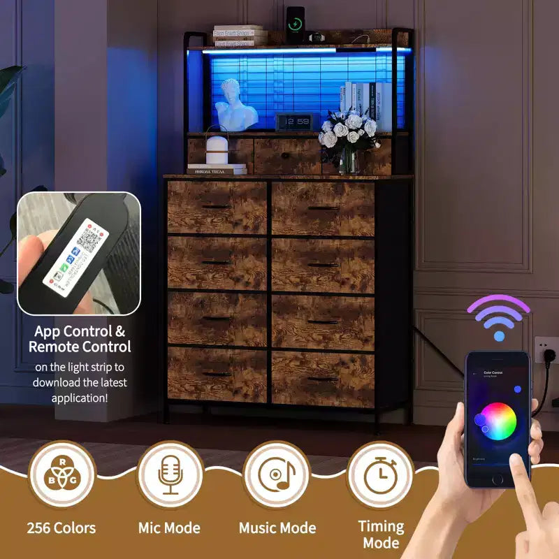 Dresser, Smart Dresser with 11 Fabric Drawers, Built-in Charging Station & App-Controlled RGB , White Industrial