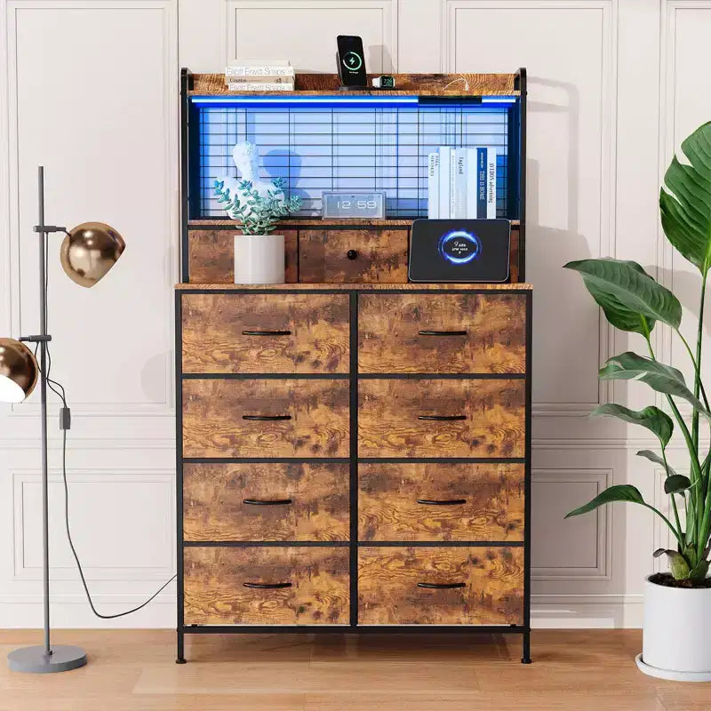 Dresser, Smart Dresser with 11 Fabric Drawers, Built-in Charging Station & App-Controlled RGB , White Industrial