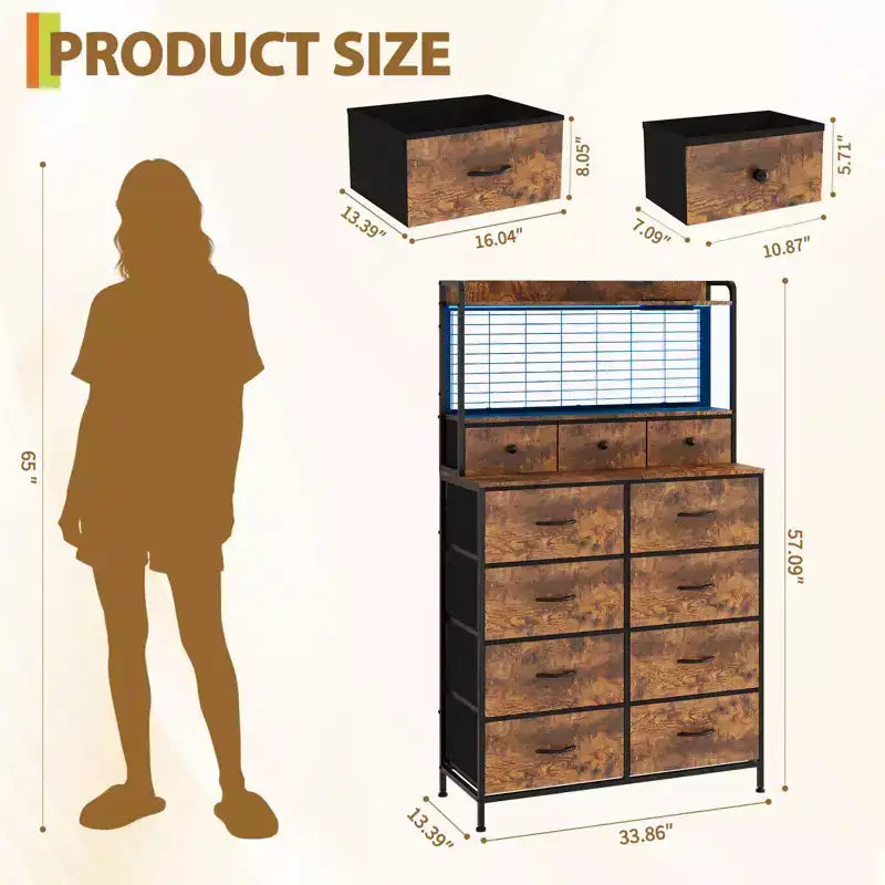 Dresser, Smart Dresser with 11 Fabric Drawers, Built-in Charging Station & App-Controlled RGB , White Industrial