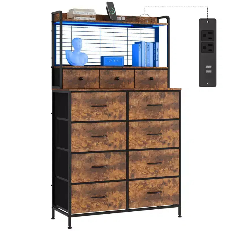 Dresser, Smart Dresser with 11 Fabric Drawers, Built-in Charging Station & App-Controlled RGB , White Industrial