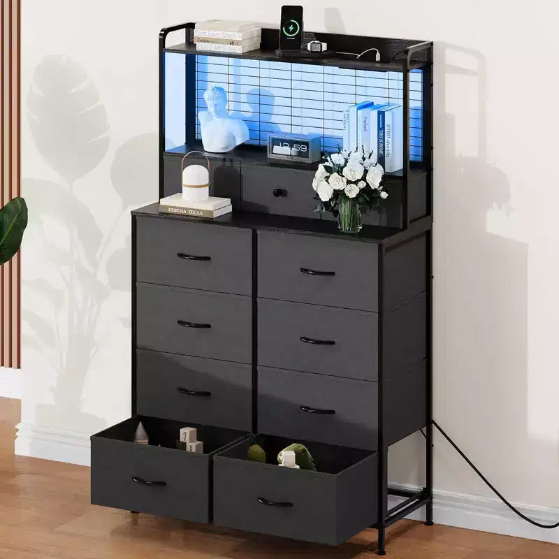 Dresser, Smart Dresser with 11 Fabric Drawers, Built-in Charging Station & App-Controlled RGB , White Industrial