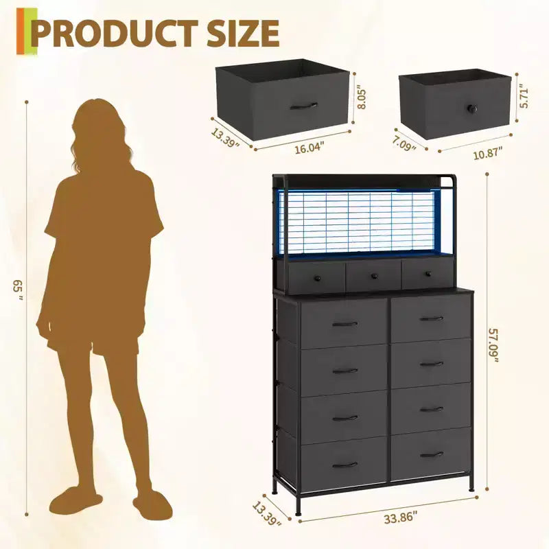 Dresser, Smart Dresser with 11 Fabric Drawers, Built-in Charging Station & App-Controlled RGB , White Industrial
