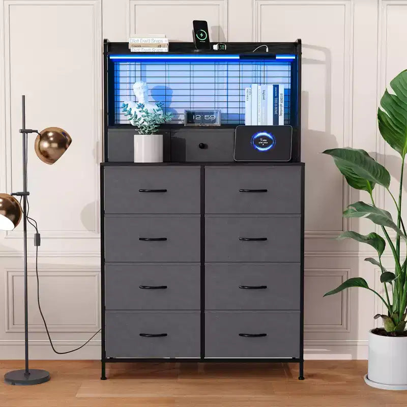 Dresser, Smart Dresser with 11 Fabric Drawers, Built-in Charging Station & App-Controlled RGB , White Industrial