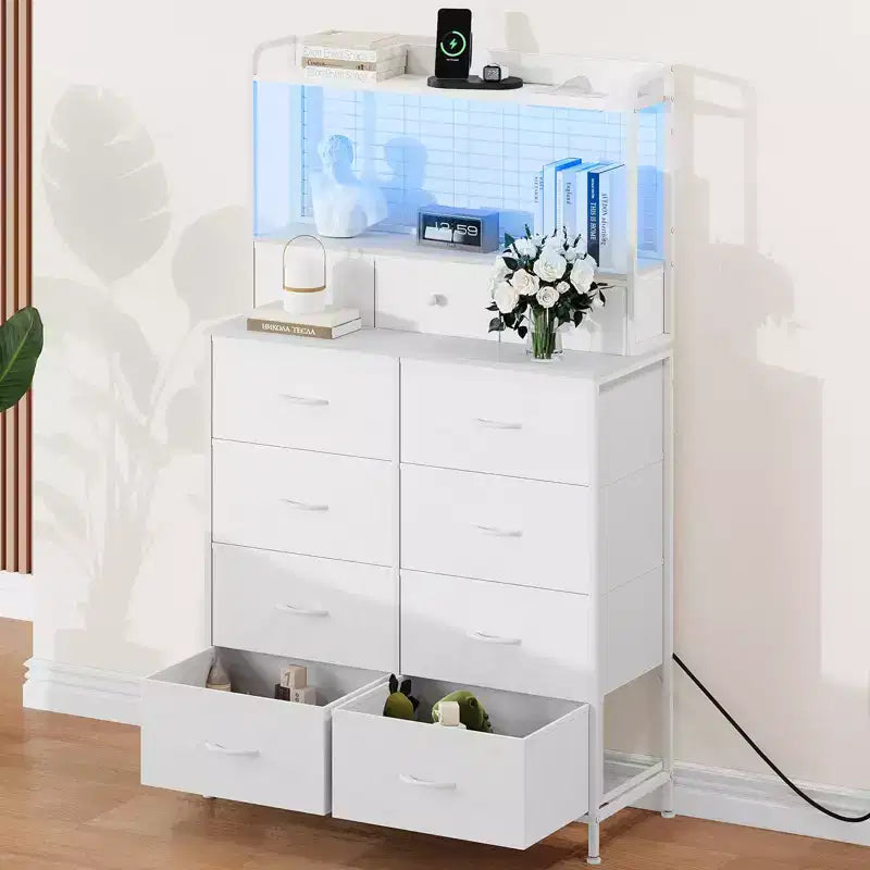 Dresser, Smart Dresser with 11 Fabric Drawers, Built-in Charging Station & App-Controlled RGB , White Industrial