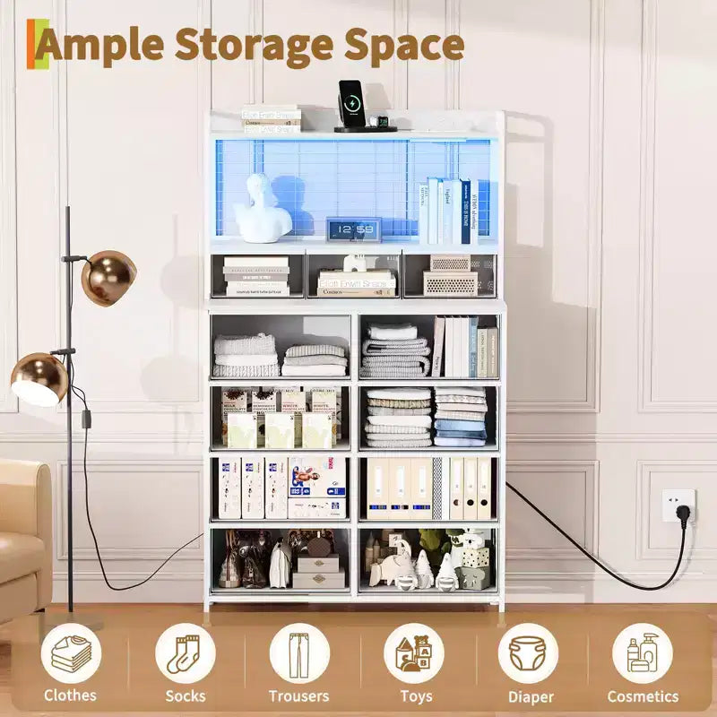 Dresser, Smart Dresser with 11 Fabric Drawers, Built-in Charging Station & App-Controlled RGB , White Industrial