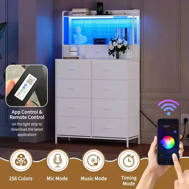 Dresser, Smart Dresser with 11 Fabric Drawers, Built-in Charging Station & App-Controlled RGB , White Industrial