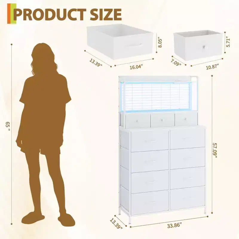 Dresser, Smart Dresser with 11 Fabric Drawers, Built-in Charging Station & App-Controlled RGB , White Industrial