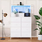 Dresser, Smart Dresser with 11 Fabric Drawers, Built-in Charging Station & App-Controlled RGB , White Industrial