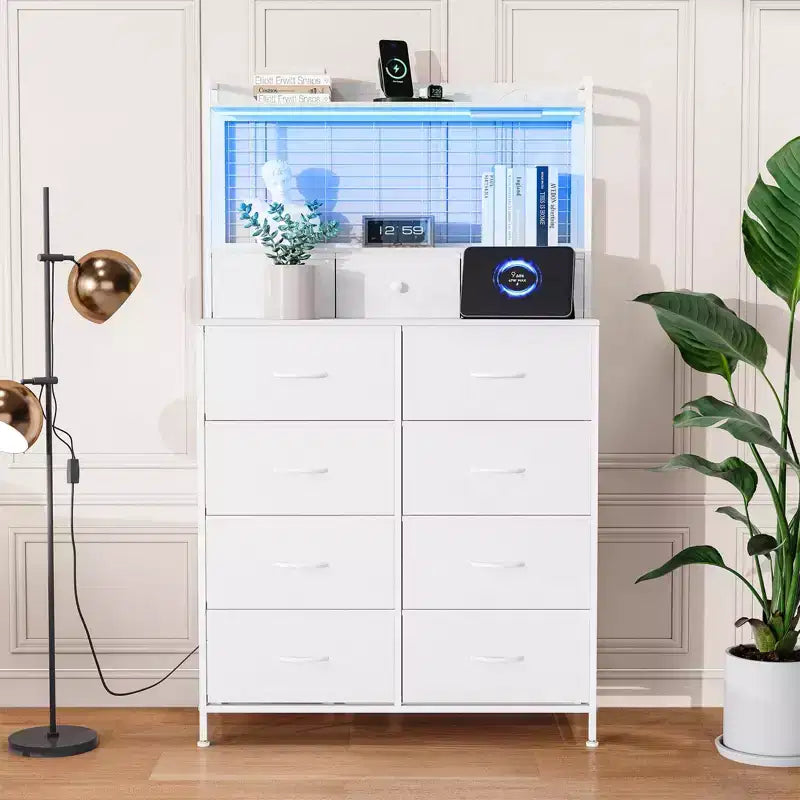 Dresser, Smart Dresser with 11 Fabric Drawers, Built-in Charging Station & App-Controlled RGB , White Industrial