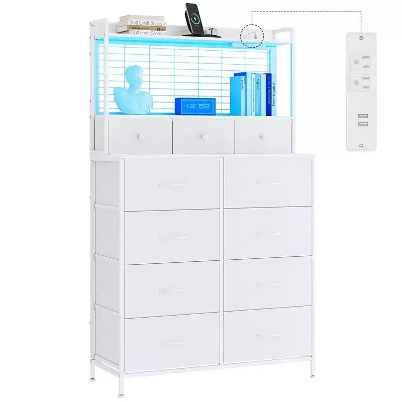Dresser, Smart Dresser with 11 Fabric Drawers, Built-in Charging Station & App-Controlled RGB , White Industrial