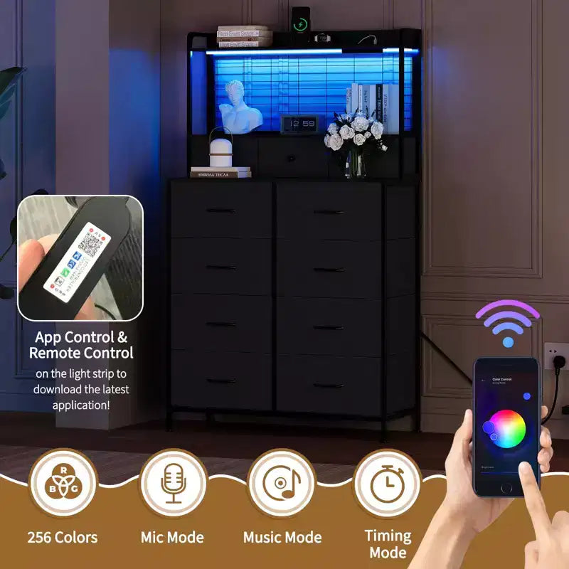 Dresser, Smart Dresser with 11 Fabric Drawers, Built-in Charging Station & App-Controlled RGB , White Industrial