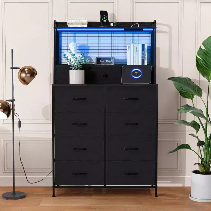 Dresser, Smart Dresser with 11 Fabric Drawers, Built-in Charging Station & App-Controlled RGB , White Industrial