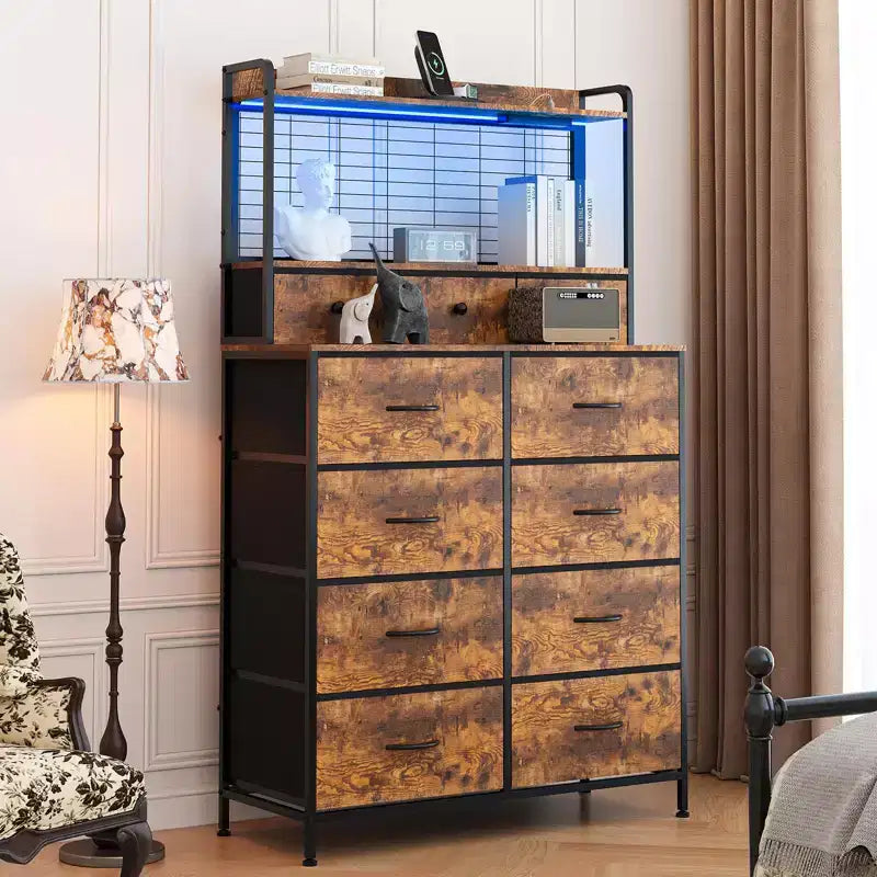 Dresser, Smart Dresser with 11 Fabric Drawers, Built-in Charging Station & App-Controlled RGB , White Industrial