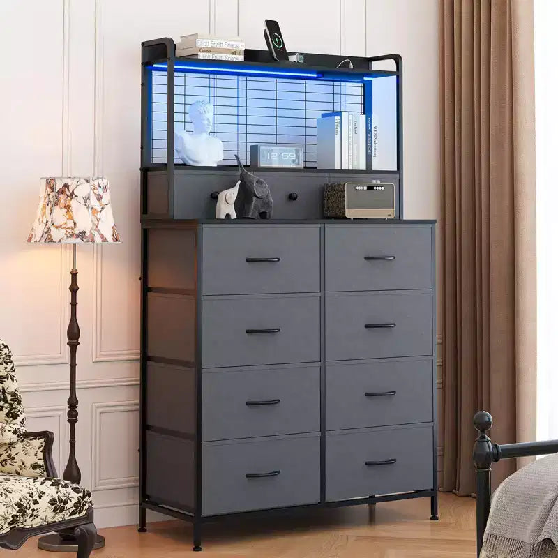 Dresser, Smart Dresser with 11 Fabric Drawers, Built-in Charging Station & App-Controlled RGB , White Industrial
