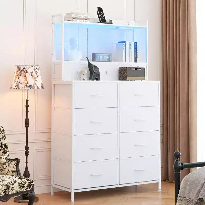 Dresser, Smart Dresser with 11 Fabric Drawers, Built-in Charging Station & App-Controlled RGB , White Industrial