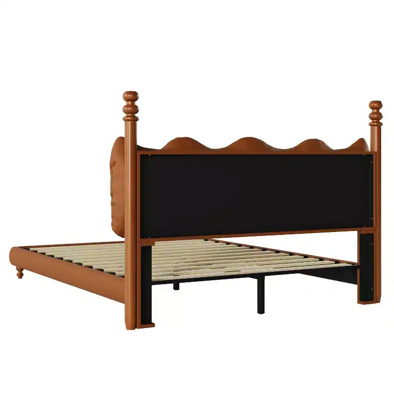 Queen/King Bed Frame PU Leather Platform Bed with Button-Tufted Wave Headboard, Mid-Century Modern & Vintage, Coffee - ModernLuxe