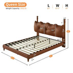Queen/King Bed Frame PU Leather Platform Bed with Button-Tufted Wave Headboard, Mid-Century Modern & Vintage, Coffee - ModernLuxe