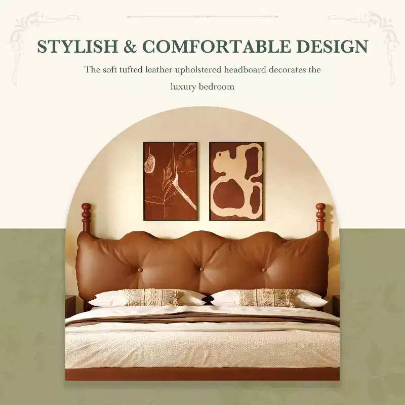 Queen/King Bed Frame PU Leather Platform Bed with Button-Tufted Wave Headboard, Mid-Century Modern & Vintage, Coffee - ModernLuxe