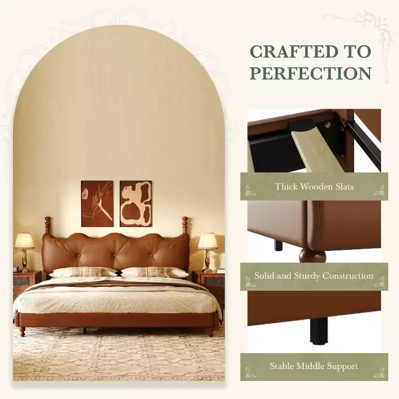 Queen/King Bed Frame PU Leather Platform Bed with Button-Tufted Wave Headboard, Mid-Century Modern & Vintage, Coffee - ModernLuxe