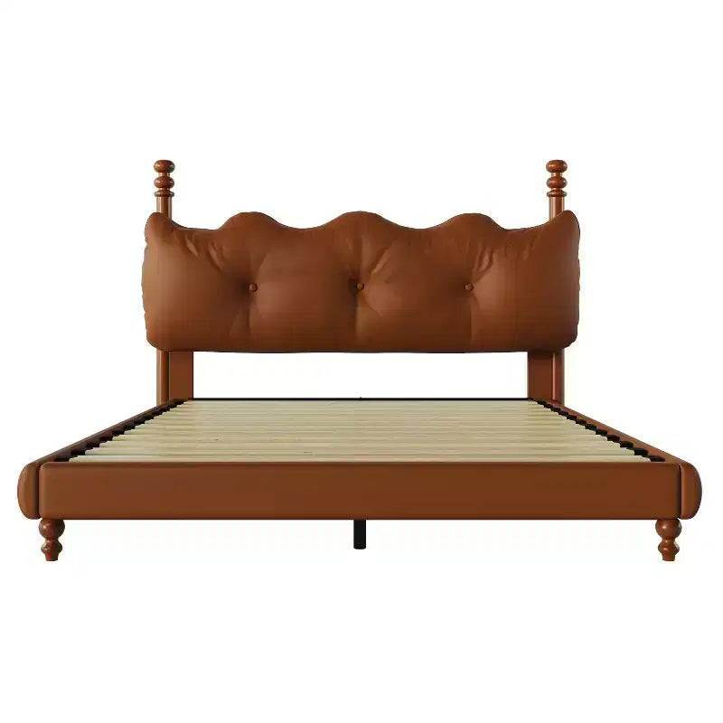 Queen/King Bed Frame PU Leather Platform Bed with Button-Tufted Wave Headboard, Mid-Century Modern & Vintage, Coffee - ModernLuxe