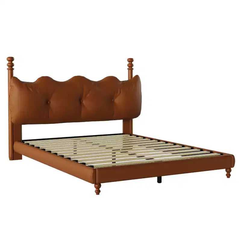 Queen/King Bed Frame PU Leather Platform Bed with Button-Tufted Wave Headboard, Mid-Century Modern & Vintage, Coffee - ModernLuxe