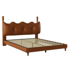 Queen/King Bed Frame PU Leather Platform Bed with Button-Tufted Wave Headboard, Mid-Century Modern & Vintage, Coffee - ModernLuxe