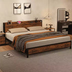 King Size Bed Frame with Storage Headboard, Industrial King Bed Platform, No Box Spring Needed Easy Assemble Mattress Foundation - Rustic Brown