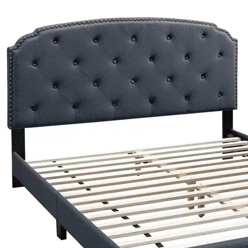 GDFStudio Everett European Classic Burlap Upholstered Platform Bed Frame with Button Tufted Nailhead Trim Headboard