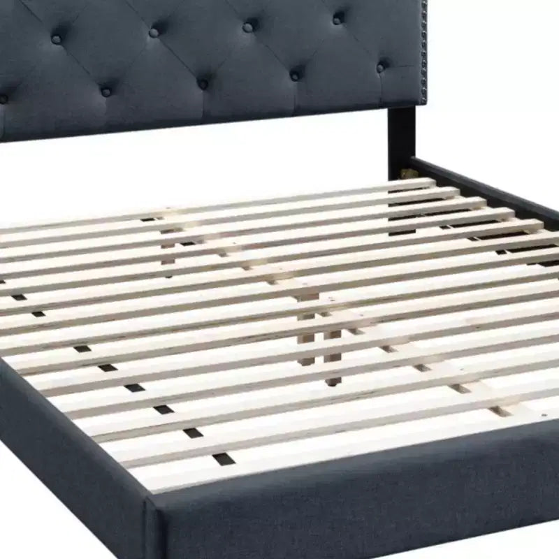 GDFStudio Everett European Classic Burlap Upholstered Platform Bed Frame with Button Tufted Nailhead Trim Headboard