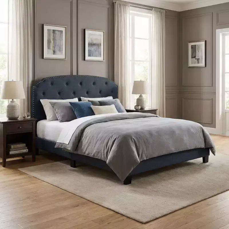 GDFStudio Everett European Classic Burlap Upholstered Platform Bed Frame with Button Tufted Nailhead Trim Headboard