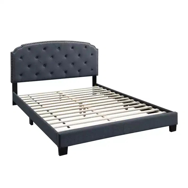 GDFStudio Everett European Classic Burlap Upholstered Platform Bed Frame with Button Tufted Nailhead Trim Headboard