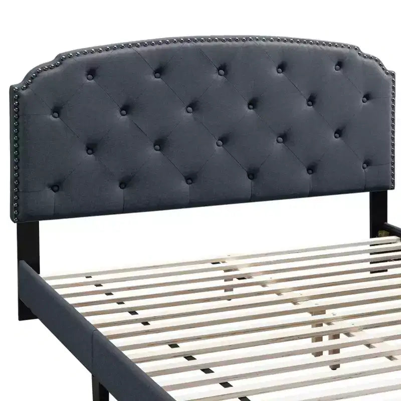 GDFStudio Everett European Classic Burlap Upholstered Platform Bed Frame with Button Tufted Nailhead Trim Headboard