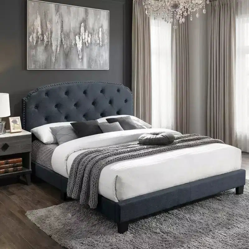 GDFStudio Everett European Classic Burlap Upholstered Platform Bed Frame with Button Tufted Nailhead Trim Headboard