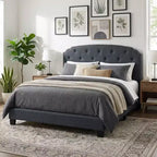 GDFStudio Everett European Classic Burlap Upholstered Platform Bed Frame with Button Tufted Nailhead Trim Headboard