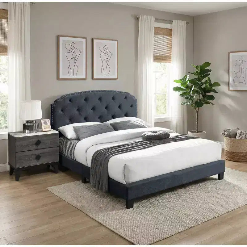 GDFStudio Everett European Classic Burlap Upholstered Platform Bed Frame with Button Tufted Nailhead Trim Headboard