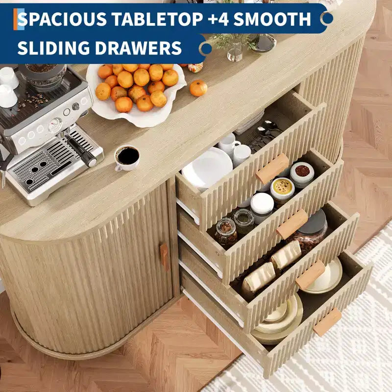 47'' Sideboard Buffet Cabinet with Storage,Fluted Coffee Bar Cabinet with 4 Drawers & 2 Sliding Doors,Wood Buffet Table for Kitchen, Living Room
