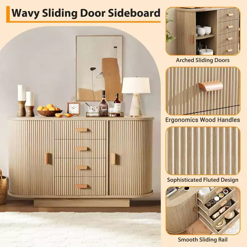 47'' Sideboard Buffet Cabinet with Storage,Fluted Coffee Bar Cabinet with 4 Drawers & 2 Sliding Doors,Wood Buffet Table for Kitchen, Living Room