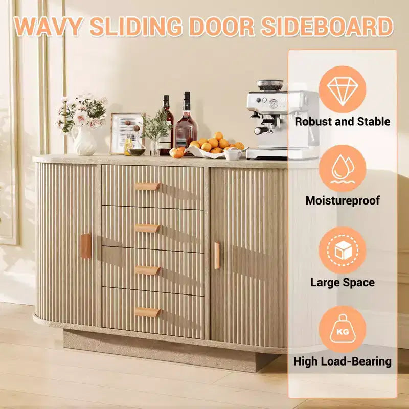 47'' Sideboard Buffet Cabinet with Storage,Fluted Coffee Bar Cabinet with 4 Drawers & 2 Sliding Doors,Wood Buffet Table for Kitchen, Living Room