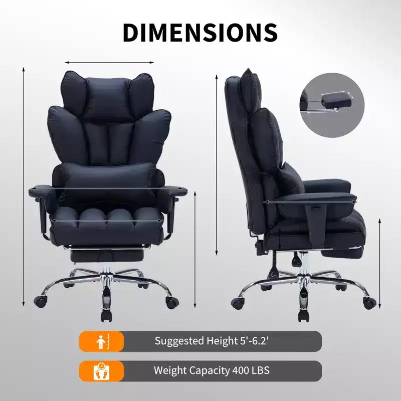 Big and Tall Office Chair w/Footrest, High Back Executive Desk Chair, 155ReclineLumbar Support Pillow, Faux Leather Gaming Chairs for Home