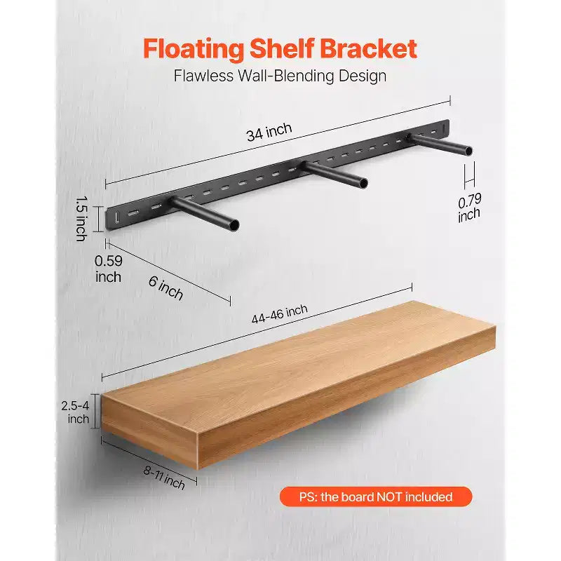 VEVOR Floating Shelf Bracket 1 Pack, 190 lbs/86 kg Weight Capacity, 34x6.2x1.5 inch / 863.6x157.4x38.1 mm, Heavy Duty Hidden, Wall Mounting, Black