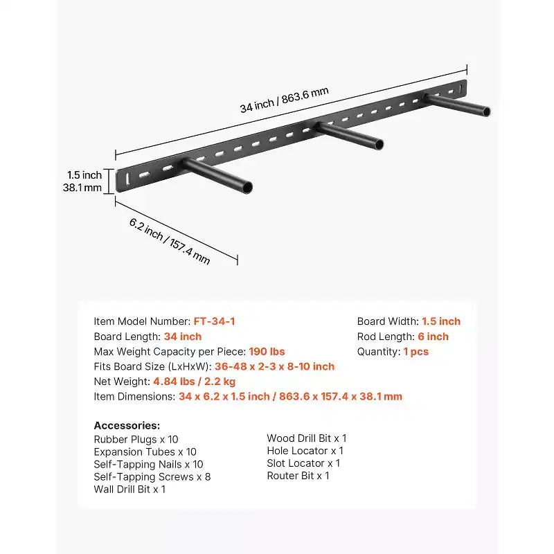 VEVOR Floating Shelf Bracket 1 Pack, 190 lbs/86 kg Weight Capacity, 34x6.2x1.5 inch / 863.6x157.4x38.1 mm, Heavy Duty Hidden, Wall Mounting, Black